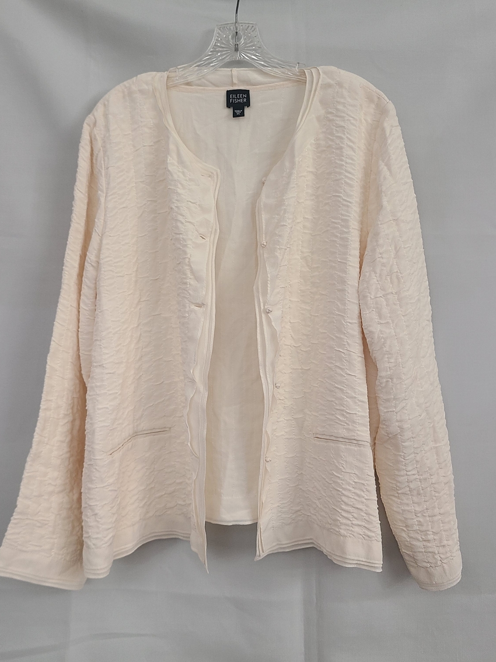 Eileen Fisher Sz XL Ivory Cream Texture Neutral Button Front Silk Light Jacket